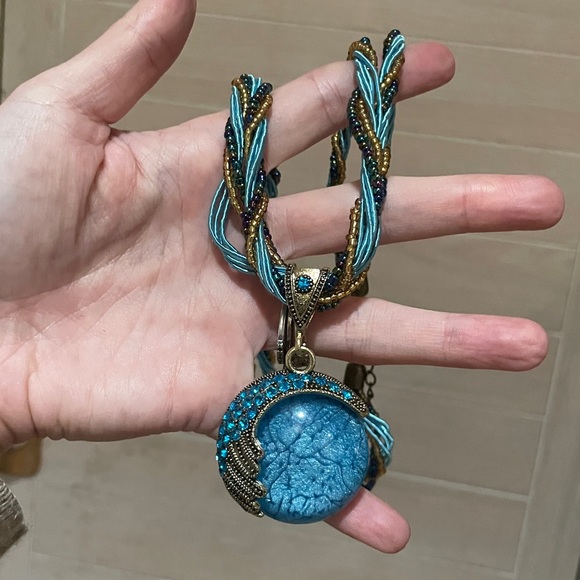 Blue Boho Circle Beaded Pendant - Picture 3 of 5